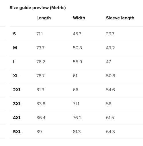 Unisex Classic Tee Gildan 5000 - Metric Size Guide