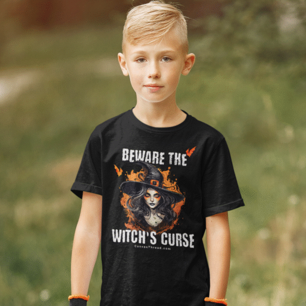youth unisex halloween t shirt – beware the witch’s curse
