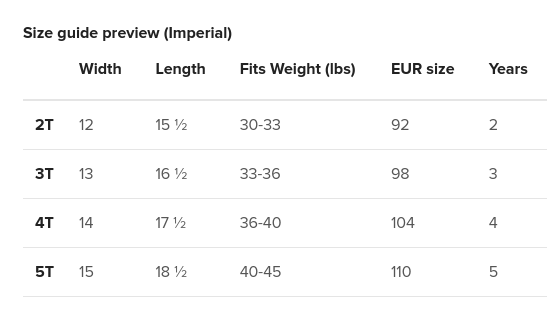 Bella + Canvas 3001T - Imperial Size Guide